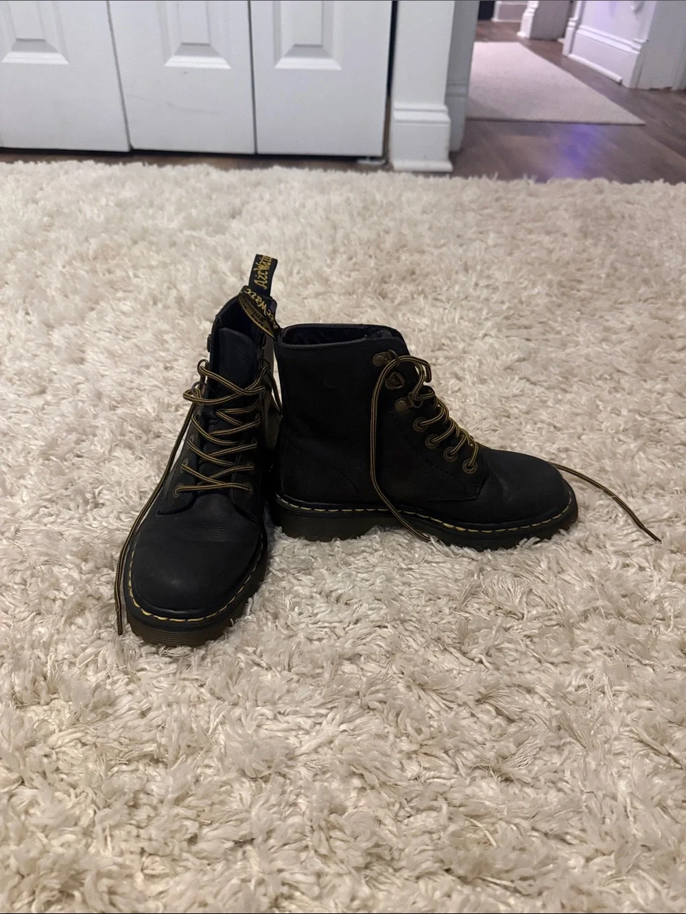 Dr. Martens Black Leather Lace-Up Boots with Yellow Stitching